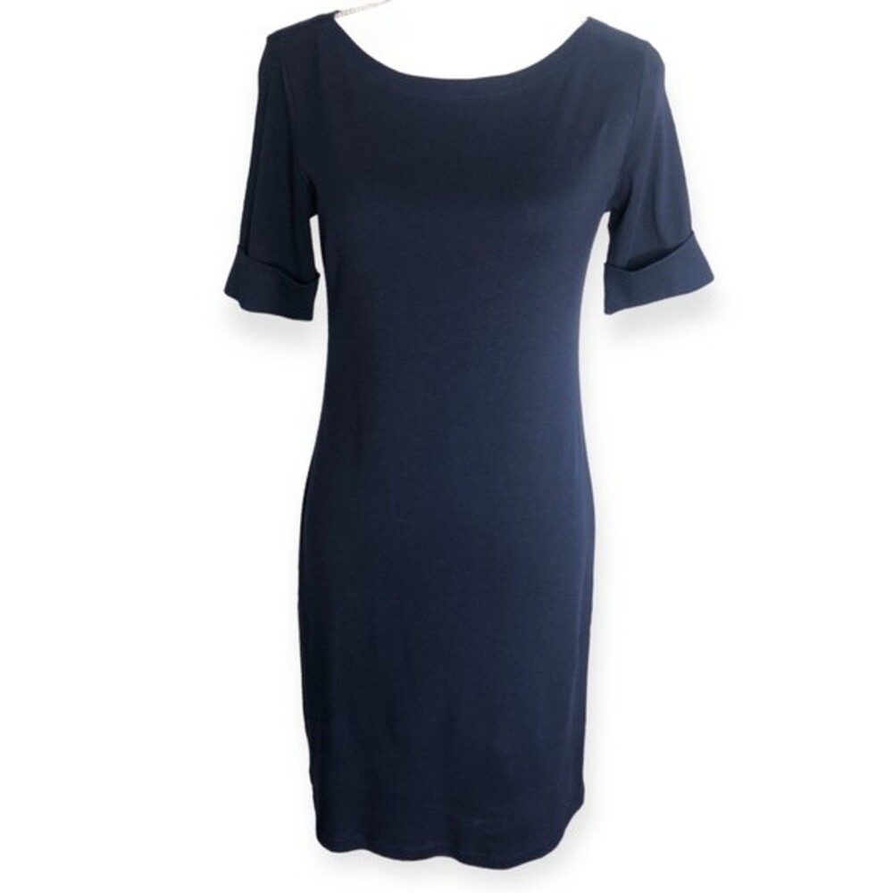 Karen Scott Sports Petite Navy Blue Cotton Cuffed-Sleeve Dress